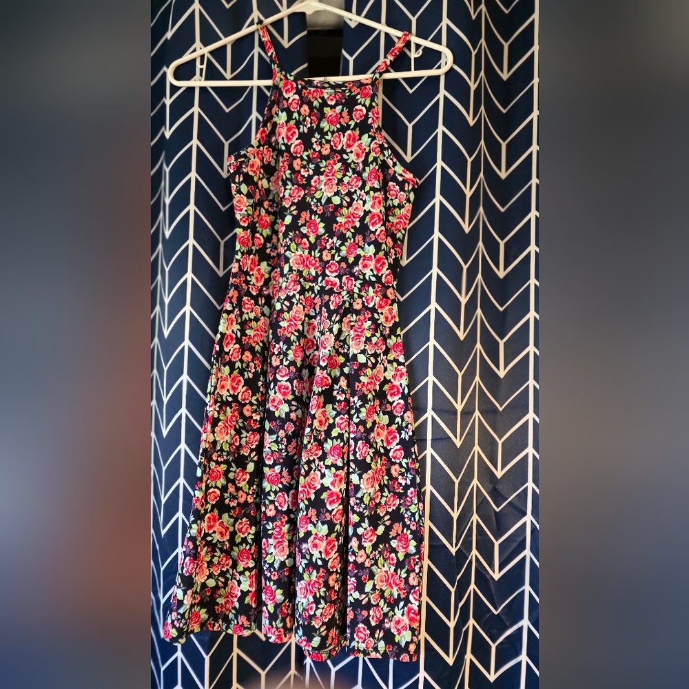 Aqua  Floral Shift Dress with Pink and Red Roses XS